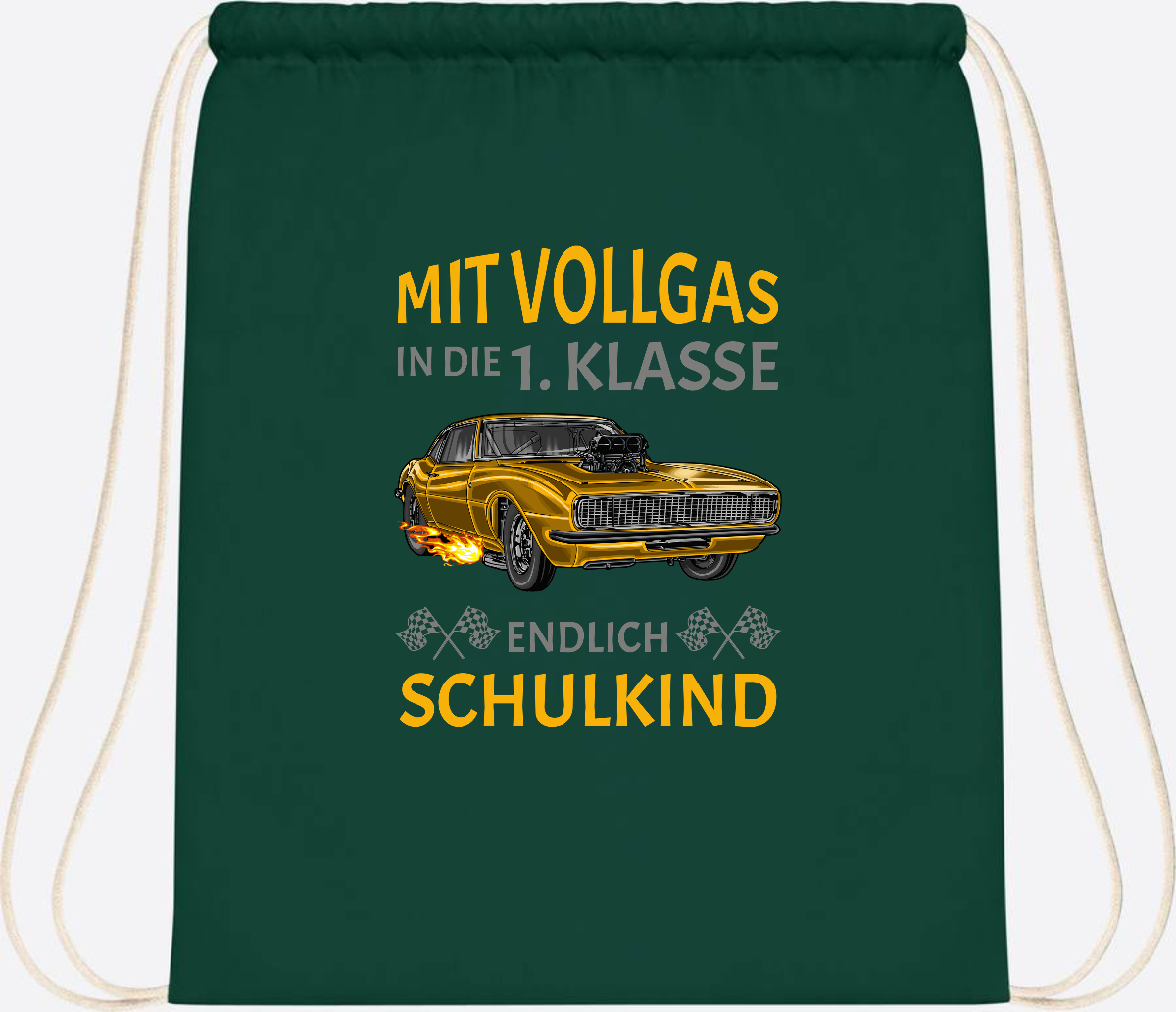Turnbeutel Einschulung – Mit Vollgas in die 1. Klasse Rennauto - Bottle Green