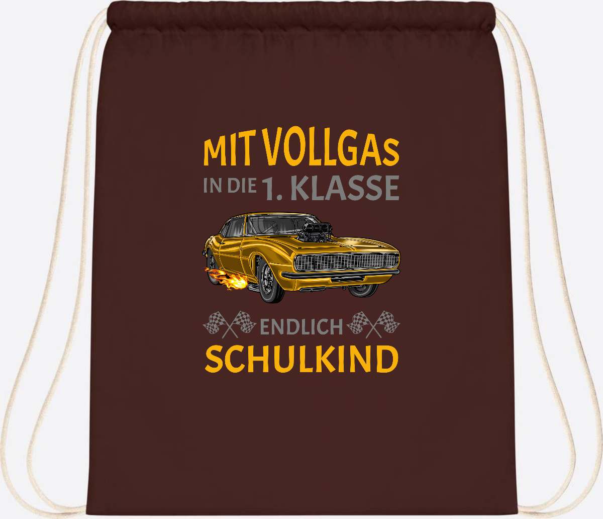 Turnbeutel Einschulung – Mit Vollgas in die 1. Klasse Rennauto - Chocolate