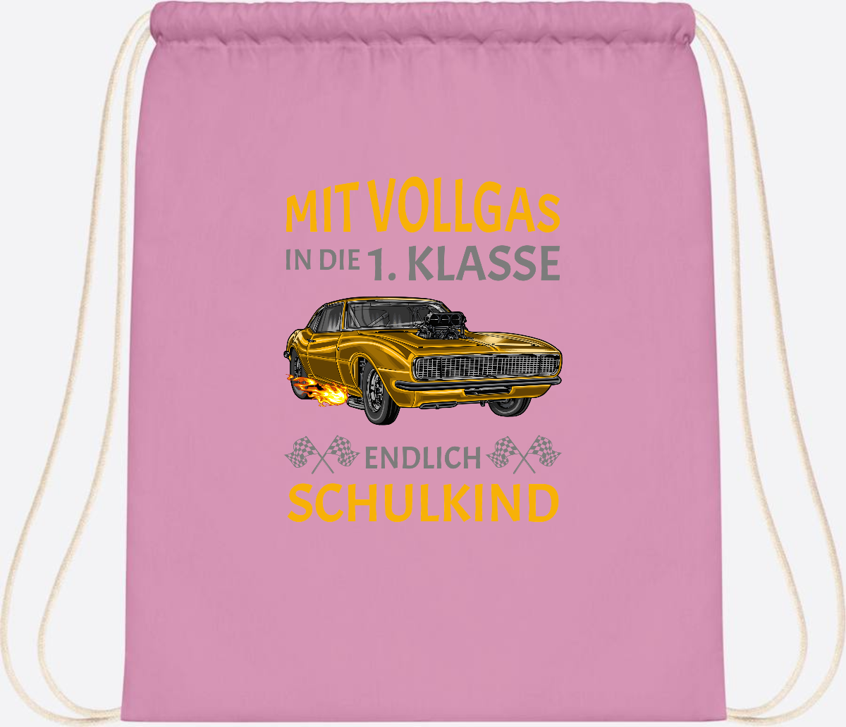 Turnbeutel Einschulung – Mit Vollgas in die 1. Klasse Rennauto - Classic Pink/White