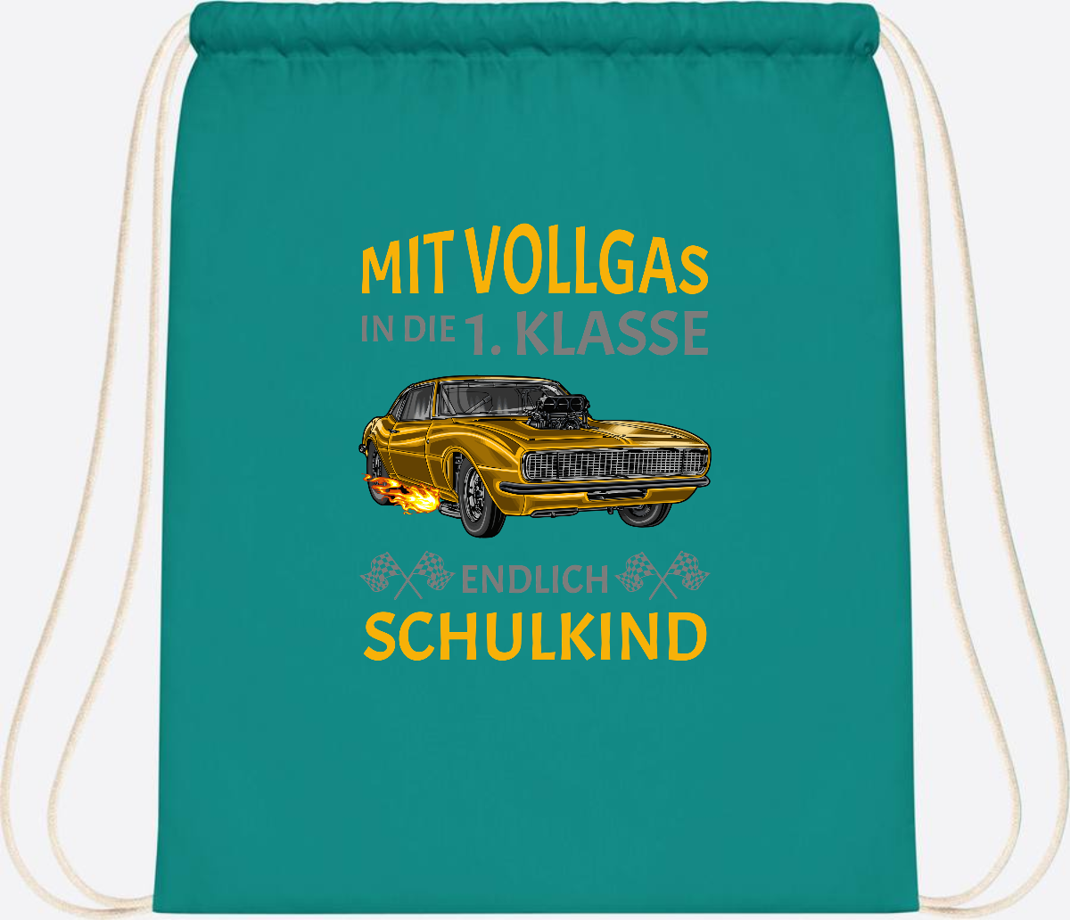 Turnbeutel Einschulung – Mit Vollgas in die 1. Klasse Rennauto - Emerald