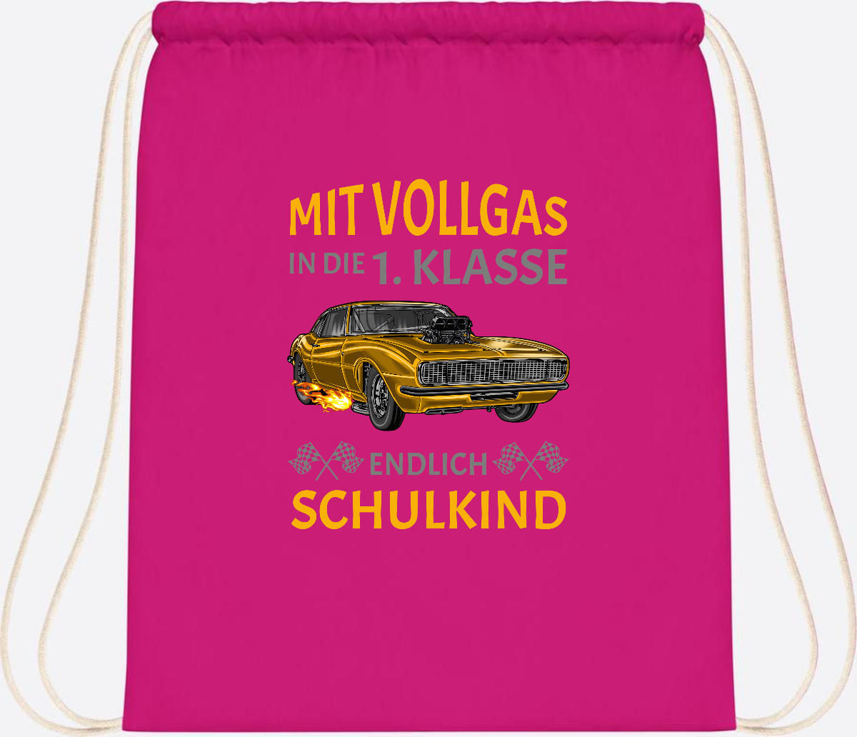 Turnbeutel Einschulung – Mit Vollgas in die 1. Klasse Rennauto - Fuchsia