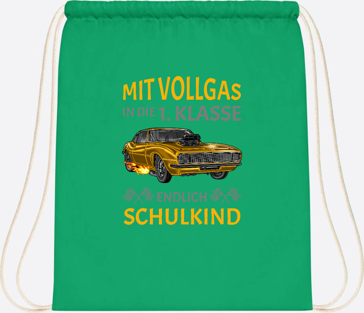Turnbeutel Einschulung – Mit Vollgas in die 1. Klasse Rennauto - Kelly Green