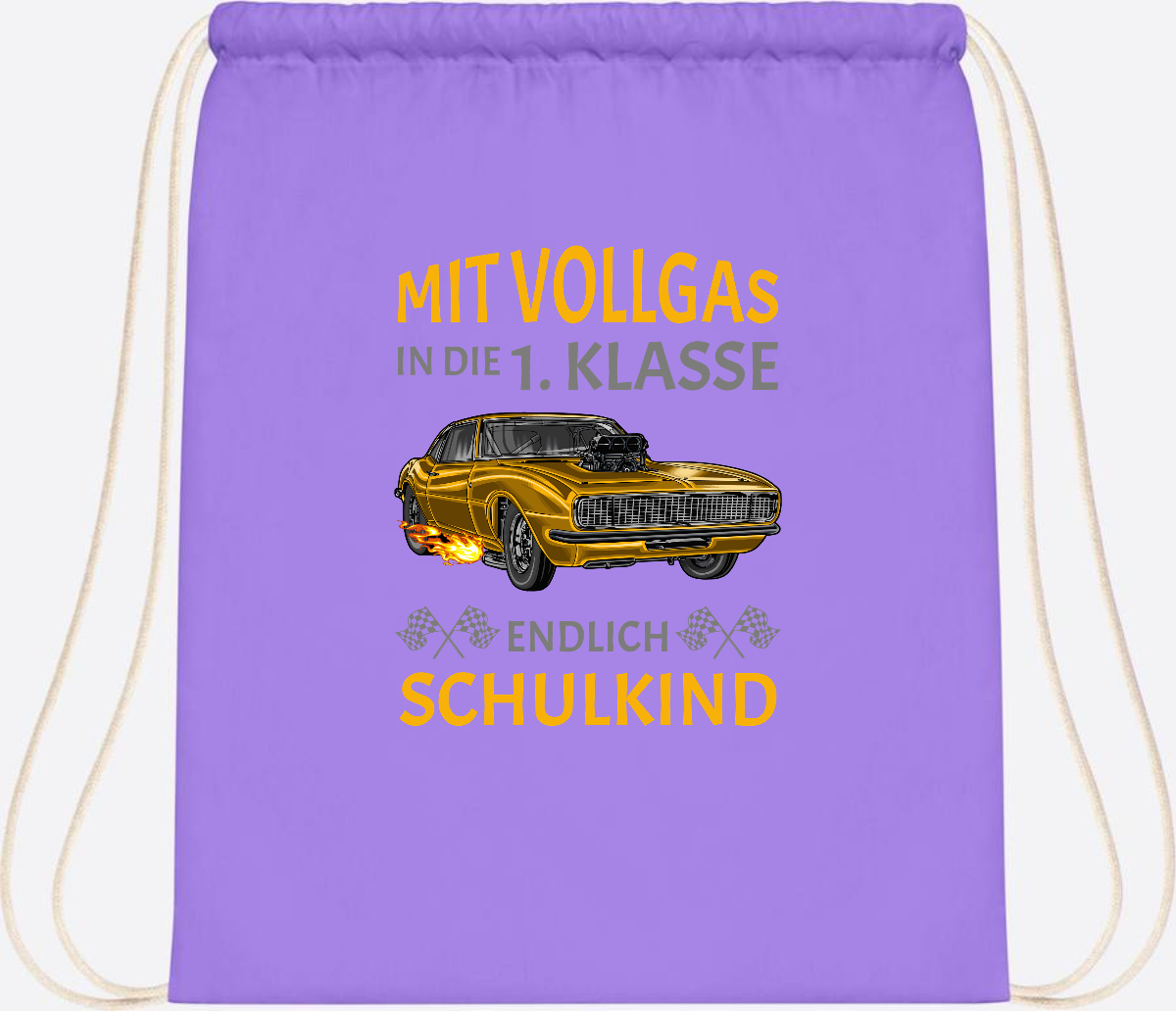 Turnbeutel Einschulung – Mit Vollgas in die 1. Klasse Rennauto - Lavender/White