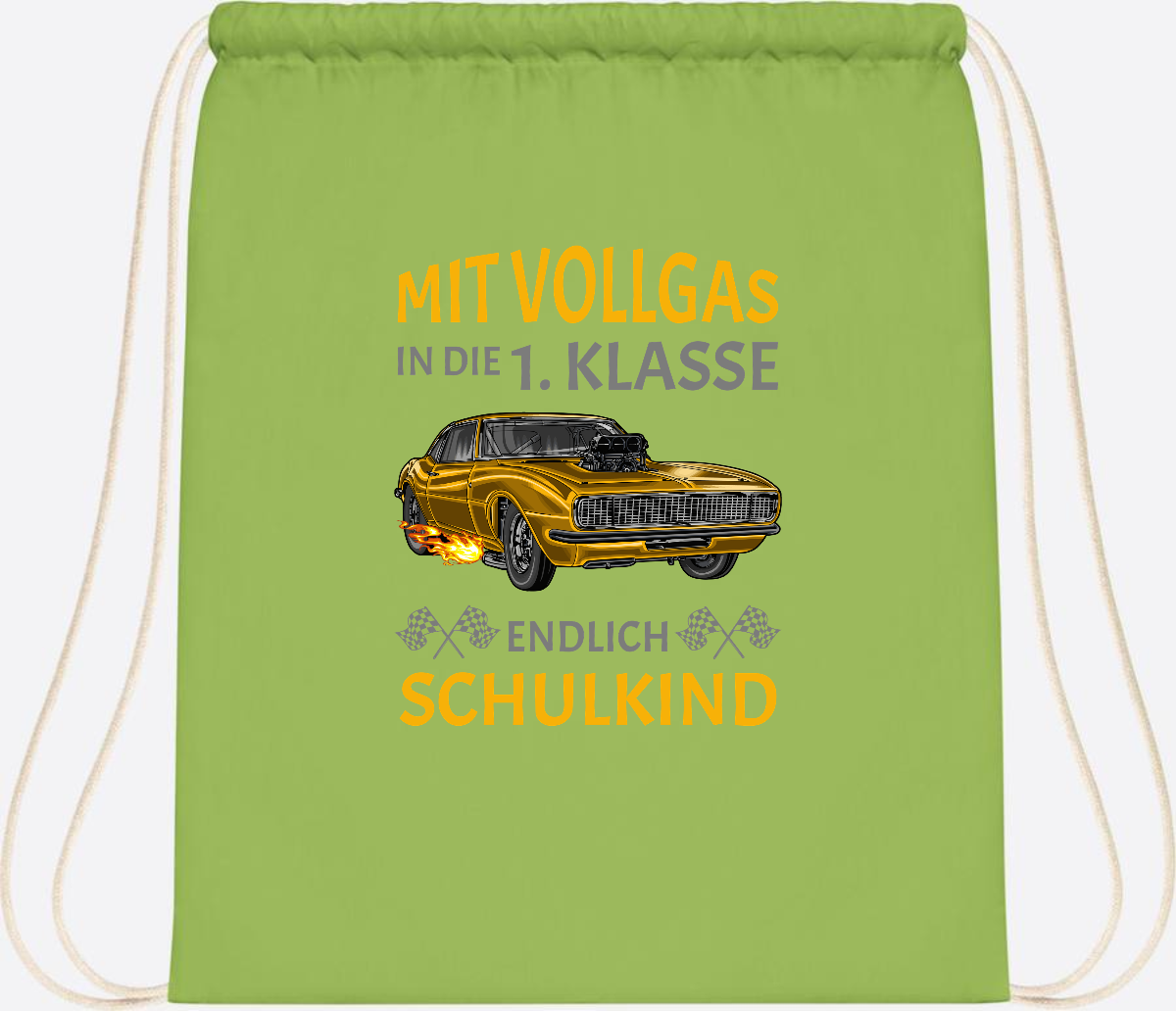 Turnbeutel Einschulung – Mit Vollgas in die 1. Klasse Rennauto - Lime Green