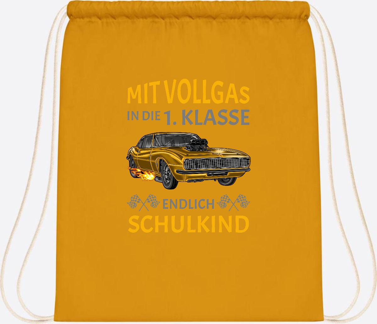 Turnbeutel Einschulung – Mit Vollgas in die 1. Klasse Rennauto - Mustard