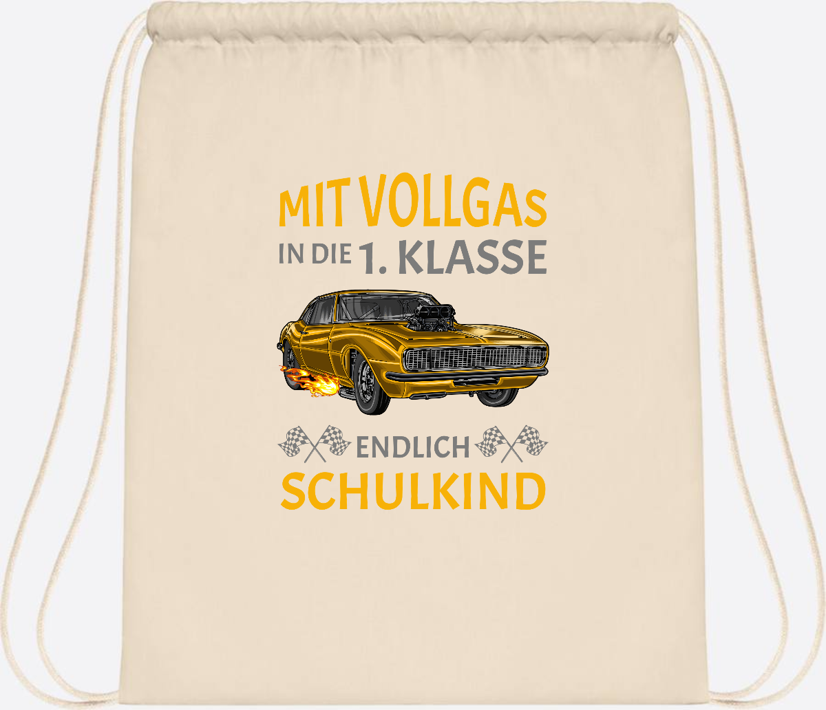 Turnbeutel Einschulung – Mit Vollgas in die 1. Klasse Rennauto - Natural