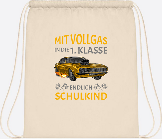 Turnbeutel Einschulung – Mit Vollgas in die 1. Klasse Rennauto - Natural