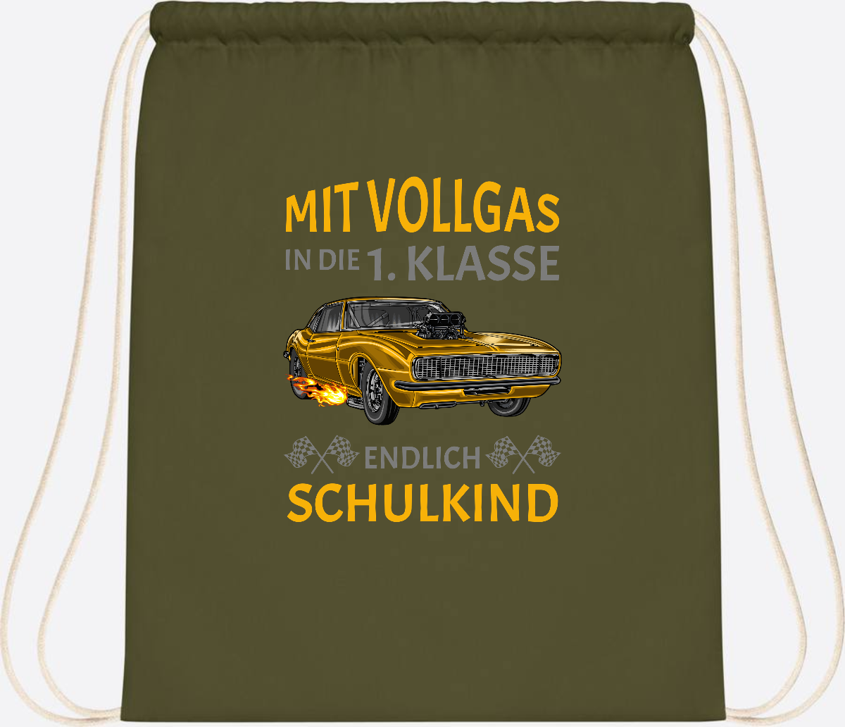 Turnbeutel Einschulung – Mit Vollgas in die 1. Klasse Rennauto - Olive Green