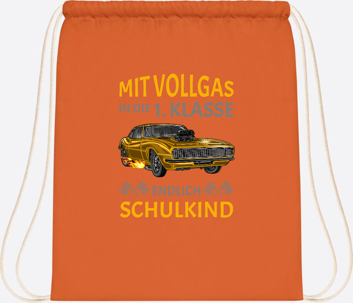 Turnbeutel Einschulung – Mit Vollgas in die 1. Klasse Rennauto - Orange