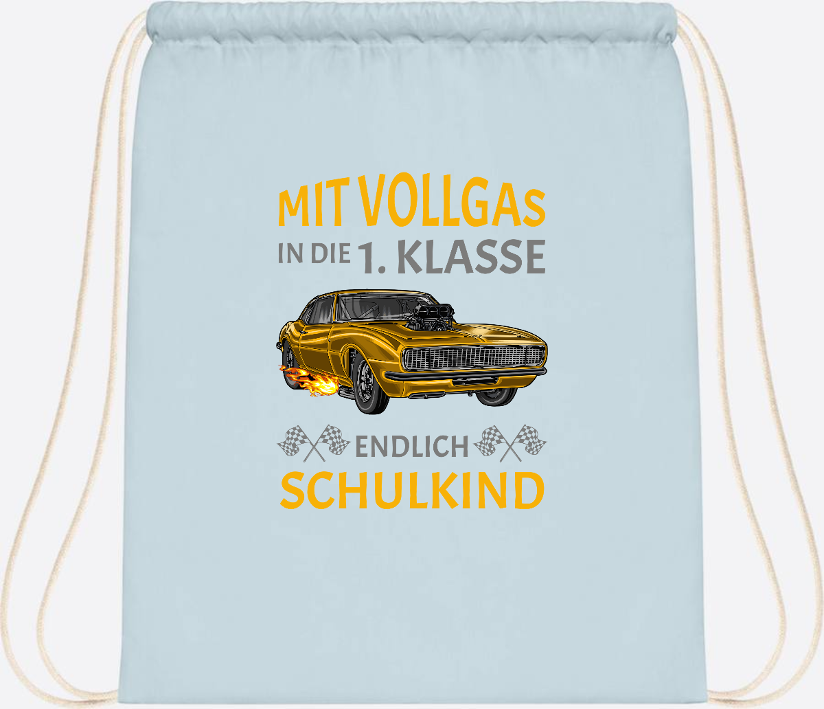 Turnbeutel Einschulung – Mit Vollgas in die 1. Klasse Rennauto - Pastel Blue/White