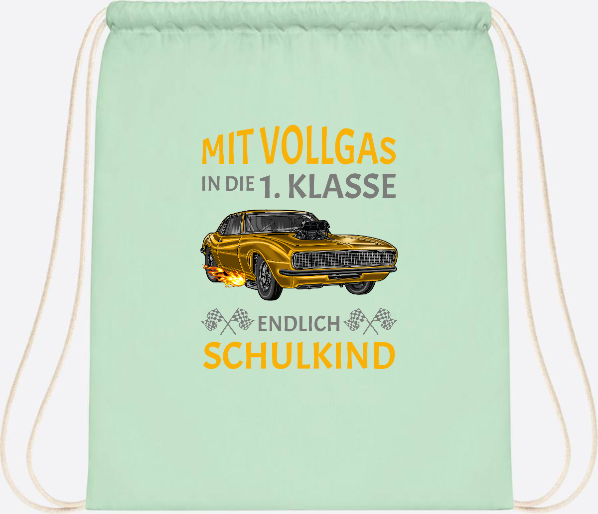 Turnbeutel Einschulung – Mit Vollgas in die 1. Klasse Rennauto - Pastel Mint/White