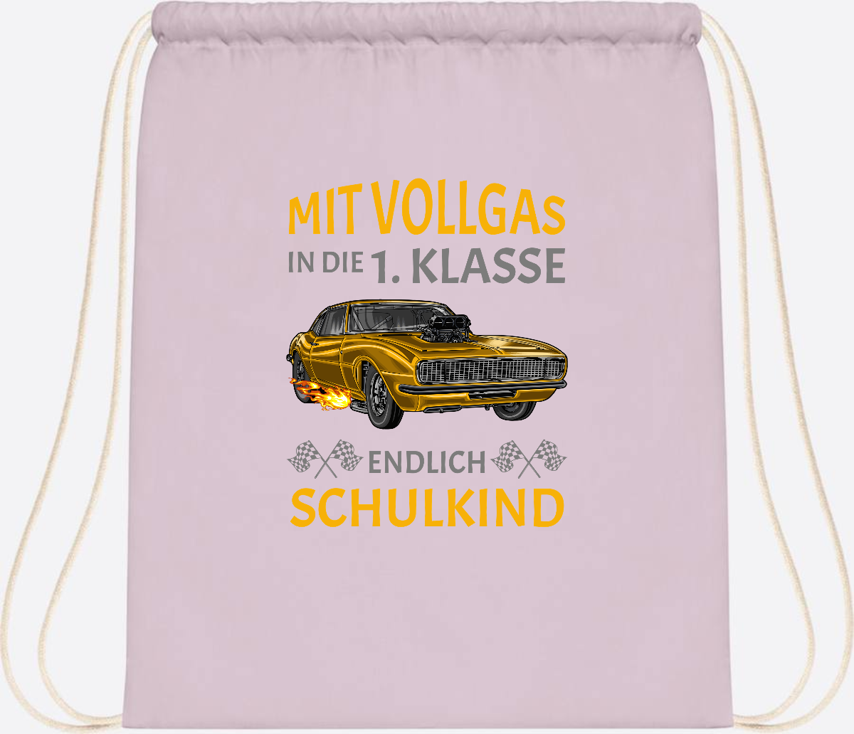 Turnbeutel Einschulung – Mit Vollgas in die 1. Klasse Rennauto - Pastel Pink/White