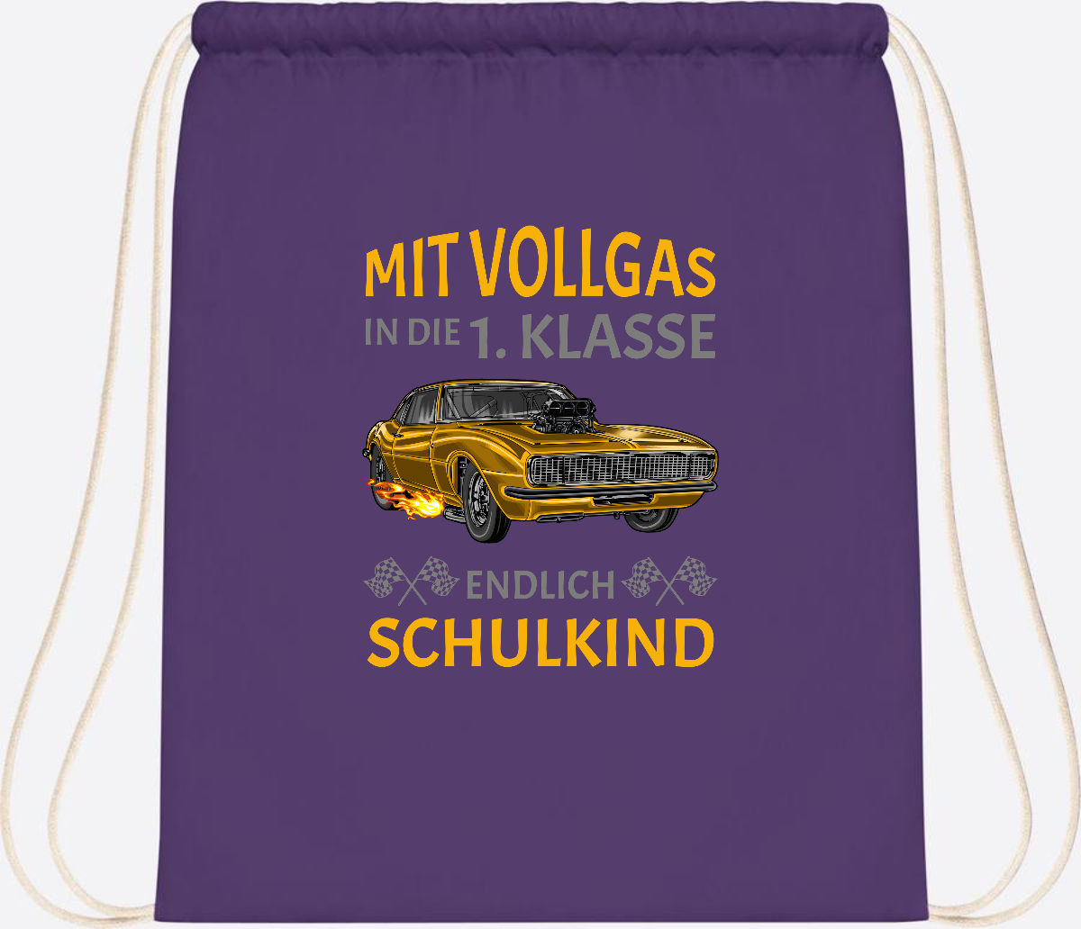 Turnbeutel Einschulung – Mit Vollgas in die 1. Klasse Rennauto - Purple