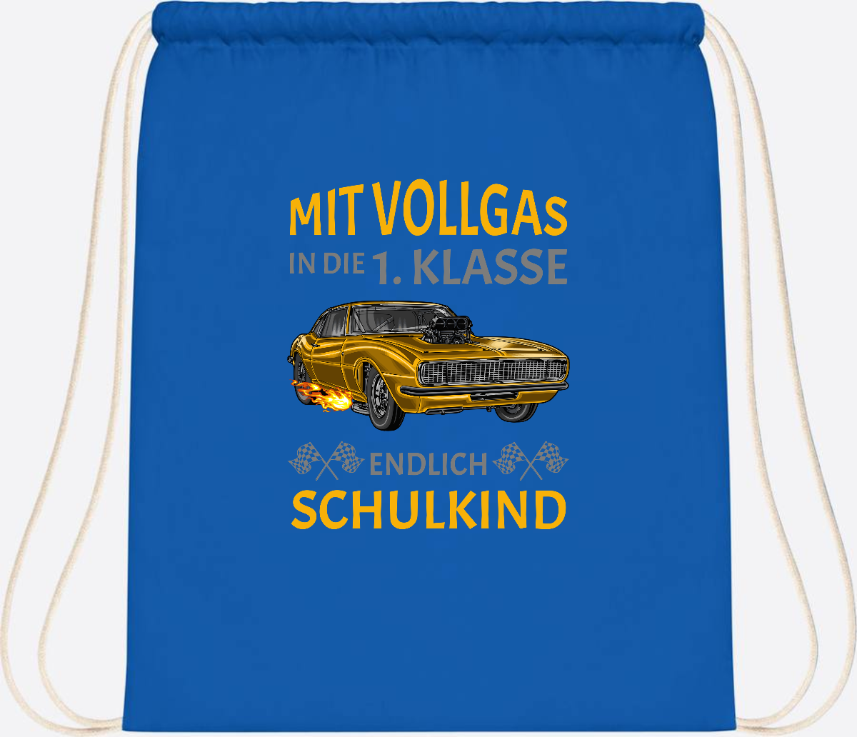 Turnbeutel Einschulung – Mit Vollgas in die 1. Klasse Rennauto - Sapphire Blue