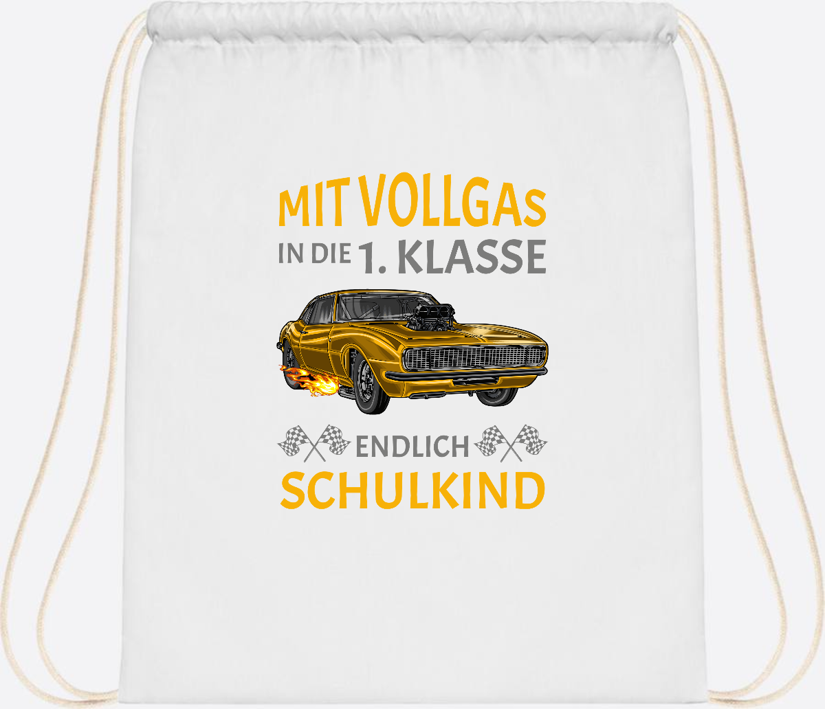 Turnbeutel Einschulung – Mit Vollgas in die 1. Klasse Rennauto - White