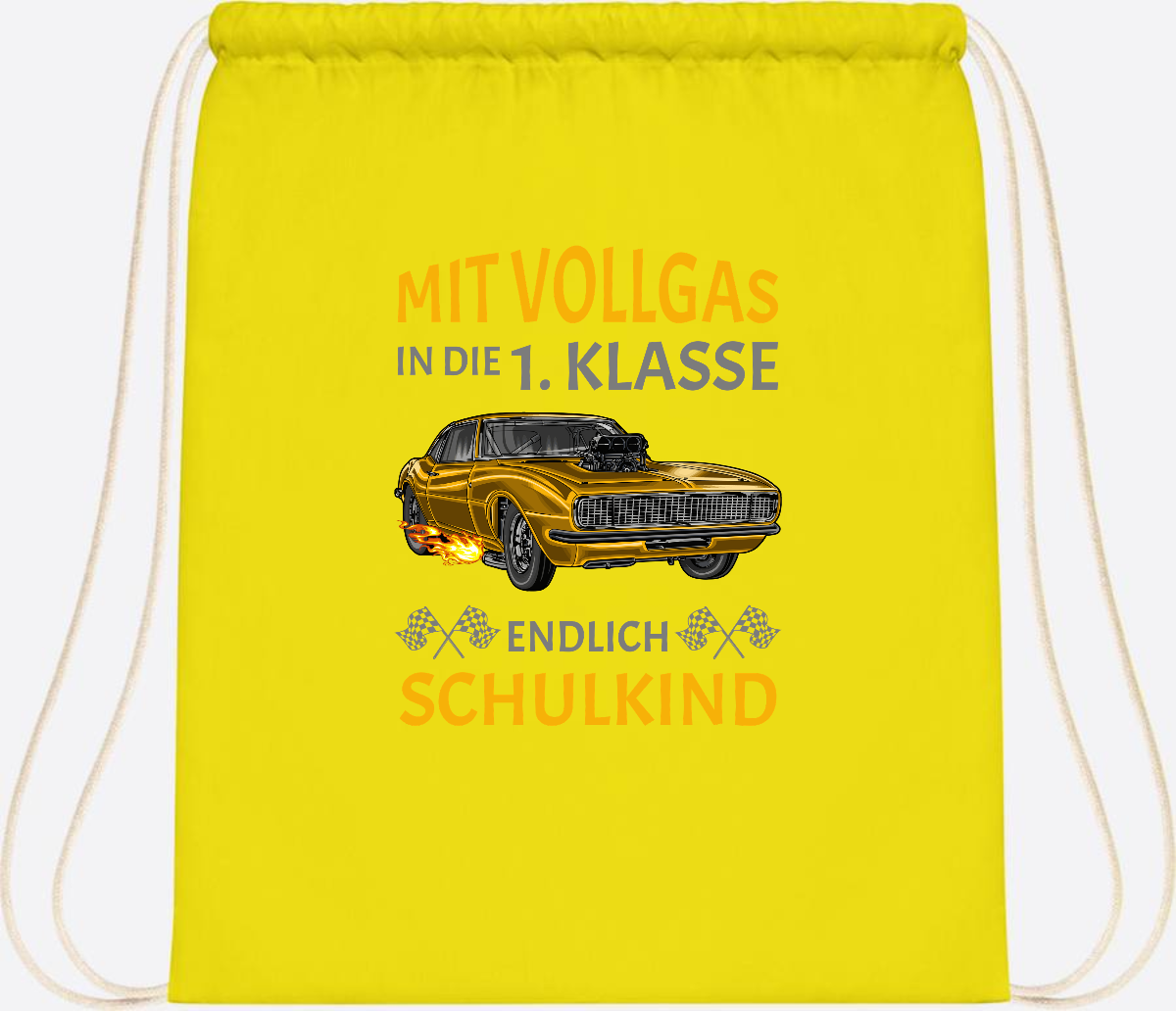 Turnbeutel Einschulung – Mit Vollgas in die 1. Klasse Rennauto - Yellow