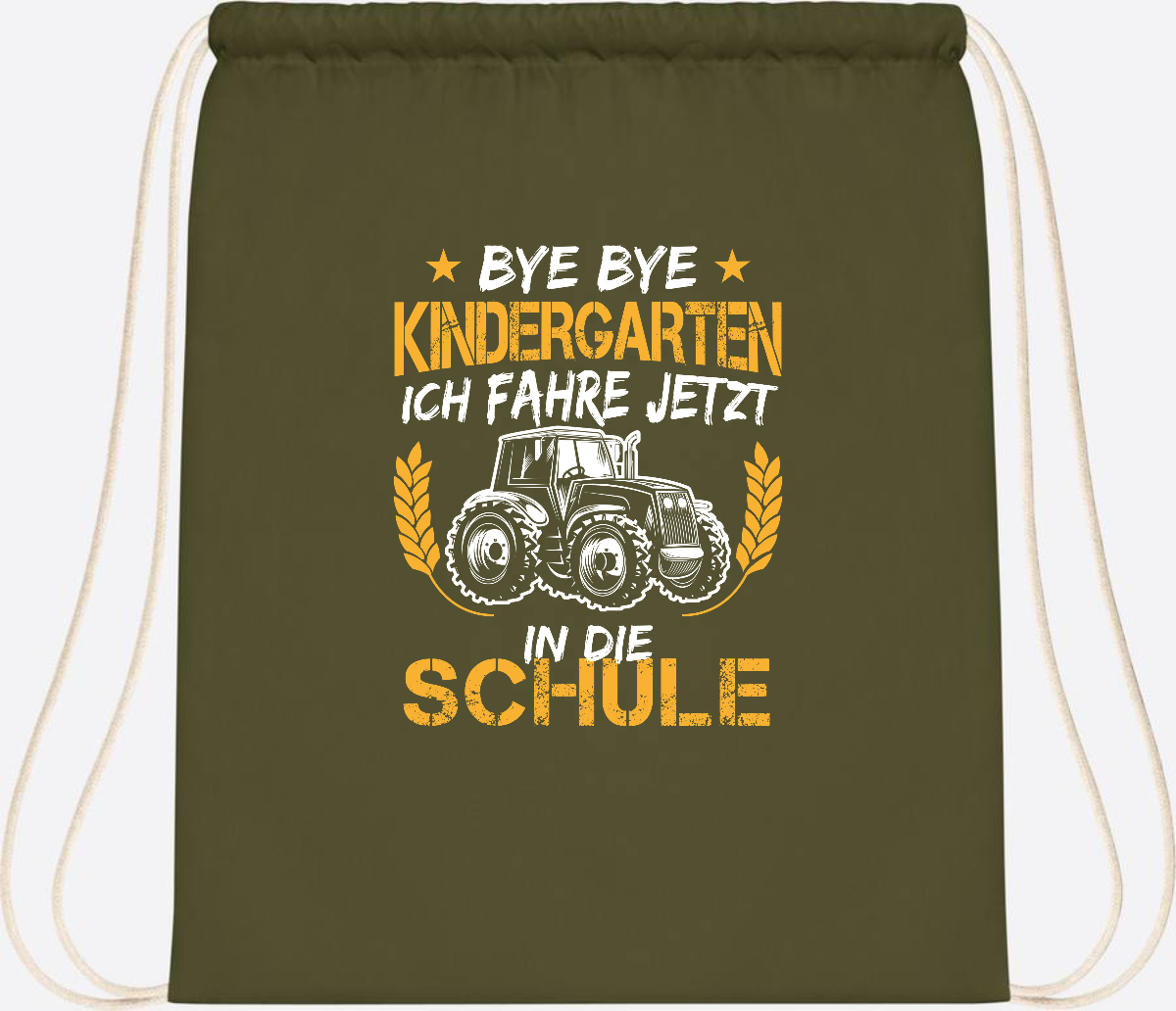 Turnbeutel Einschulung Traktor – Bye Bye Kindergarten - Olive Green