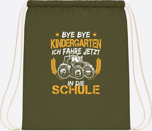 Turnbeutel Einschulung Traktor – Bye Bye Kindergarten - Olive Green