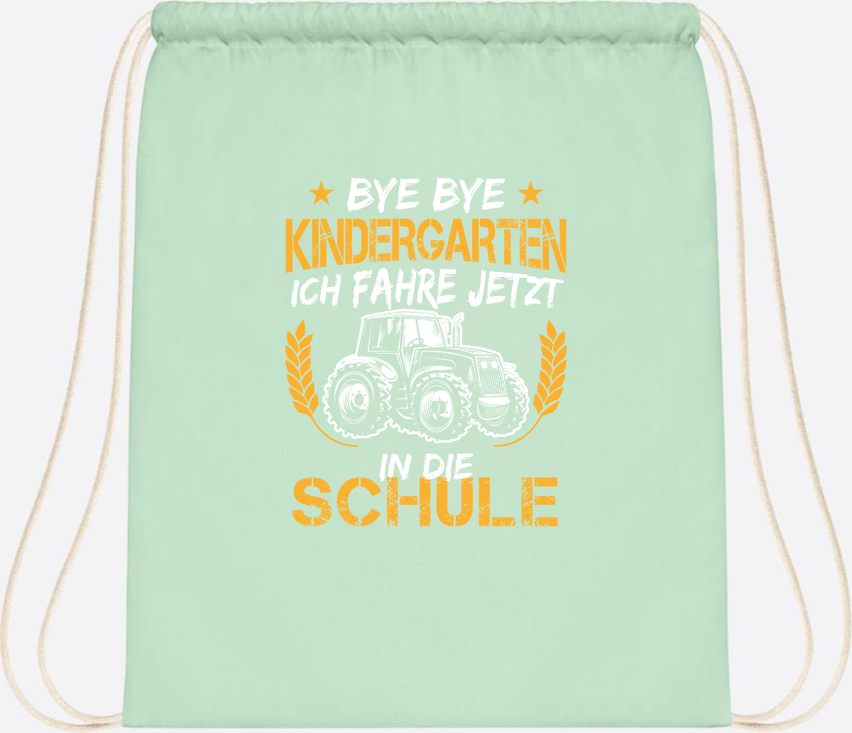 Turnbeutel Einschulung Traktor – Bye Bye Kindergarten - Pastel Mint/White