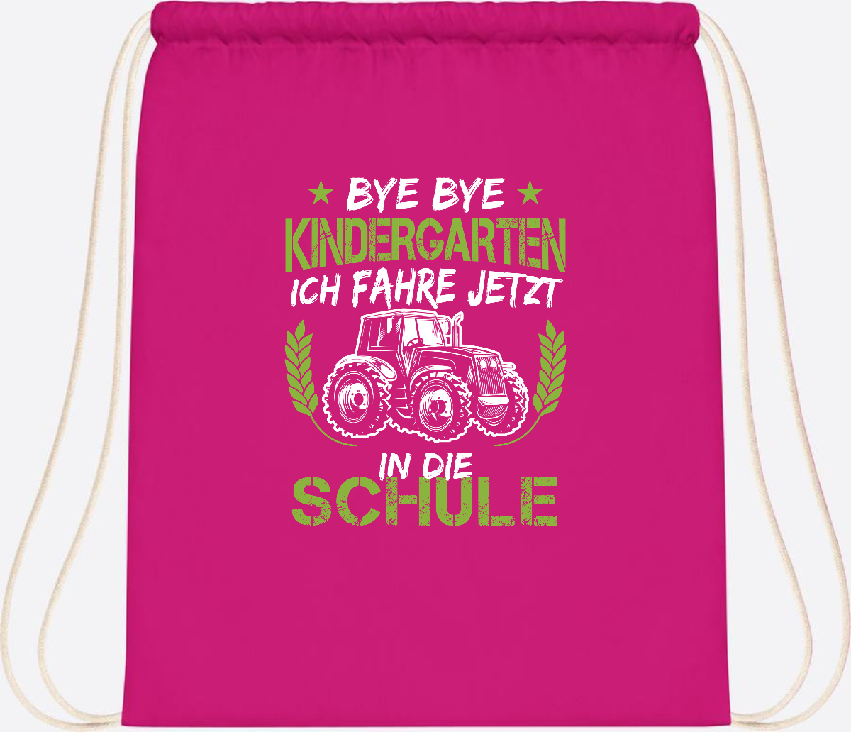 Turnbeutel Einschulung Traktor – Bye Bye Kindergarten - Fuchsia
