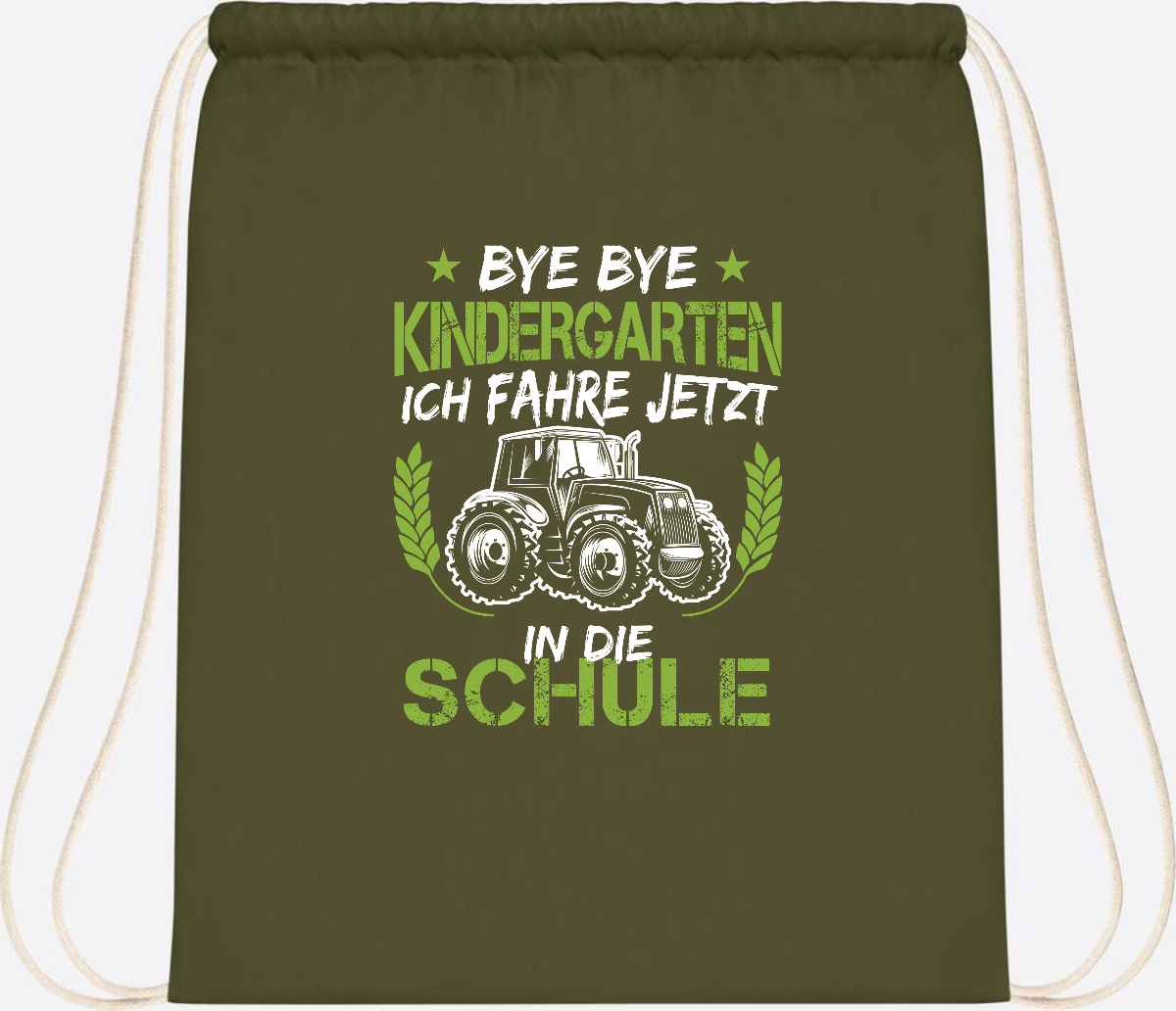 Turnbeutel Einschulung Traktor – Bye Bye Kindergarten - Olive Green