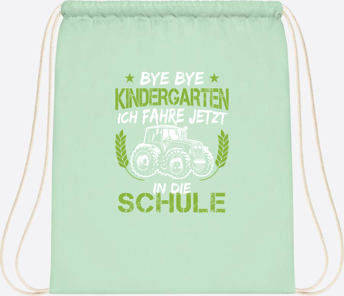Turnbeutel Einschulung Traktor – Bye Bye Kindergarten - Pastel Mint/White