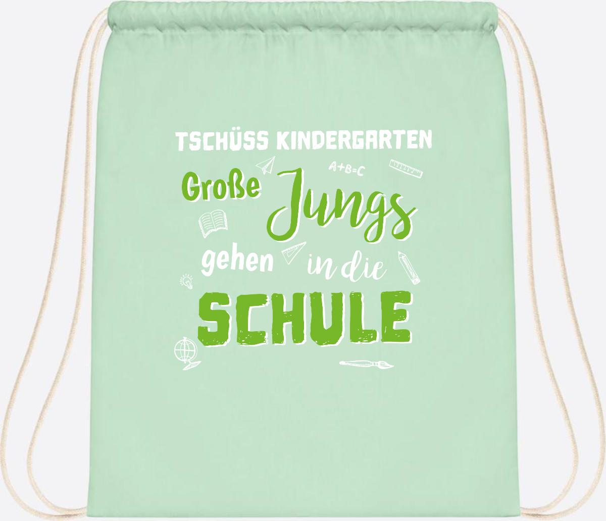Turnbeutel Einschulung "Tschüss Kindergarten – Große Jungs" - Pastel Mint/White