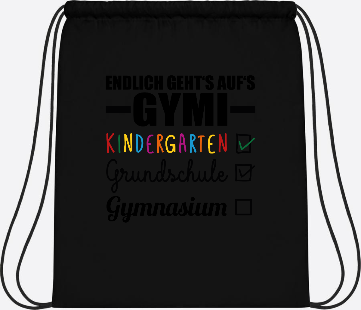 Turnbeutel Endlich auf's Gymi – schwarzbunt mit Name - Black/Black