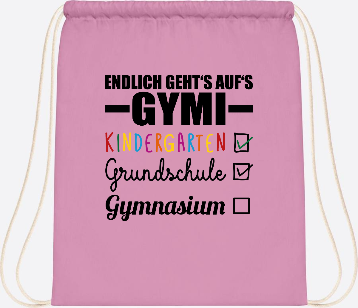 Turnbeutel Endlich auf's Gymi – schwarzbunt mit Name - Classic Pink/White