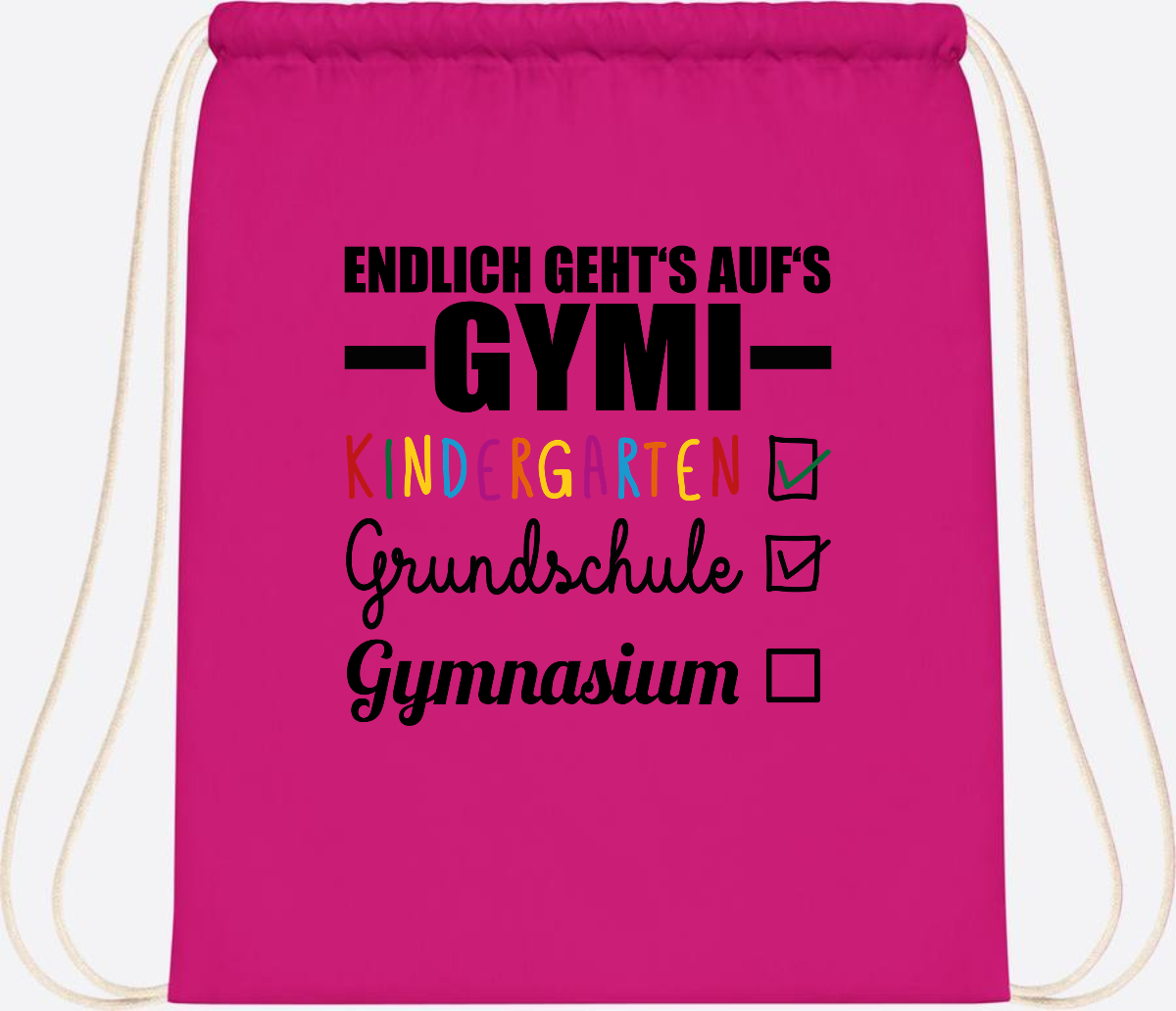 Turnbeutel Endlich auf's Gymi – schwarzbunt mit Name - Fuchsia
