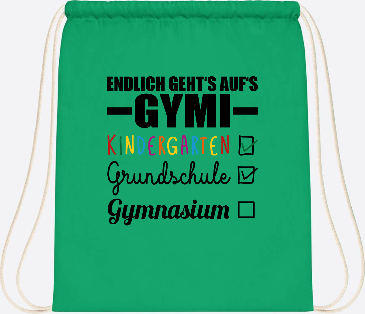 Turnbeutel Endlich auf's Gymi – schwarzbunt mit Name - Kelly Green