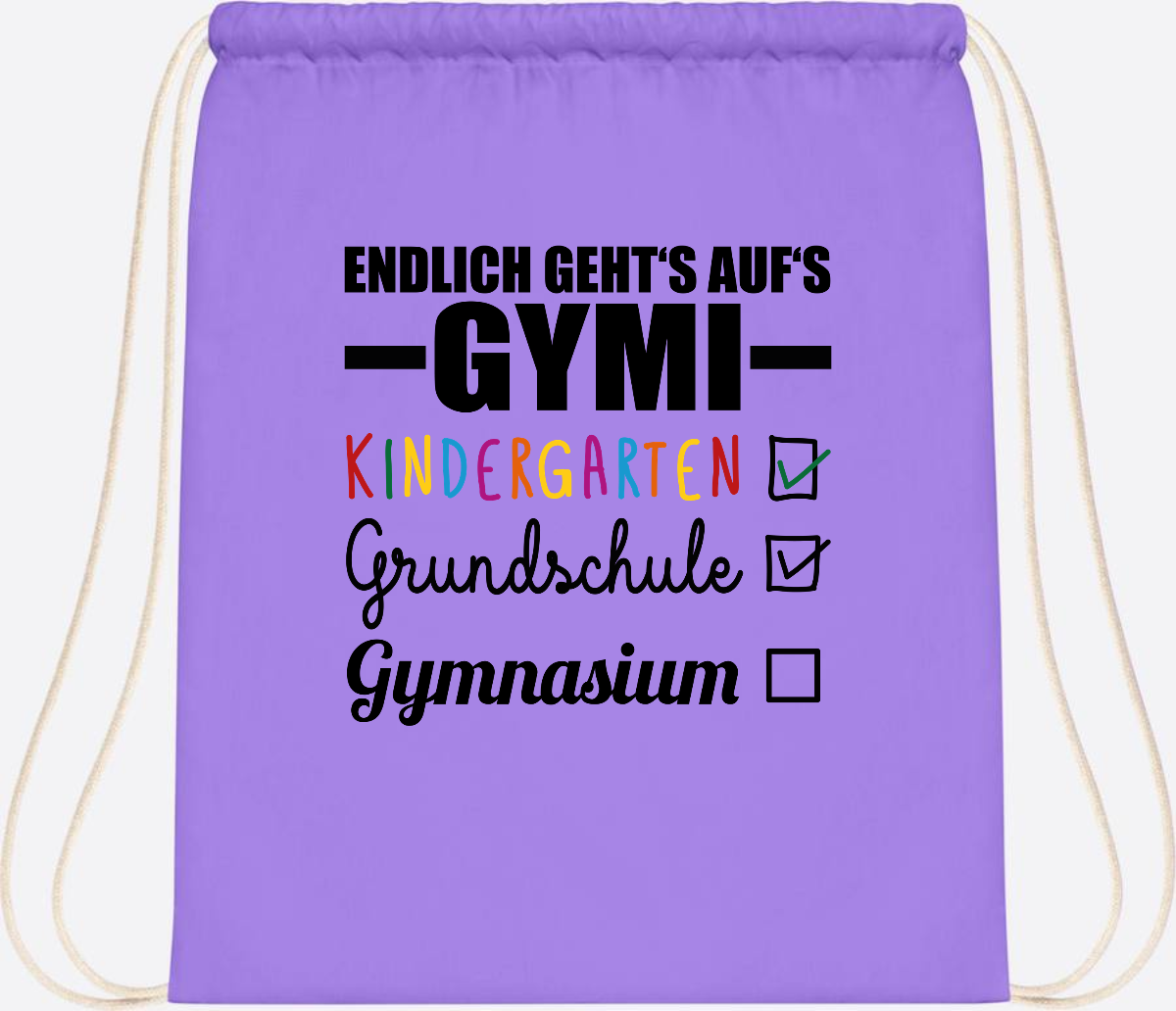 Turnbeutel Endlich auf's Gymi – schwarzbunt mit Name - Lavender/White