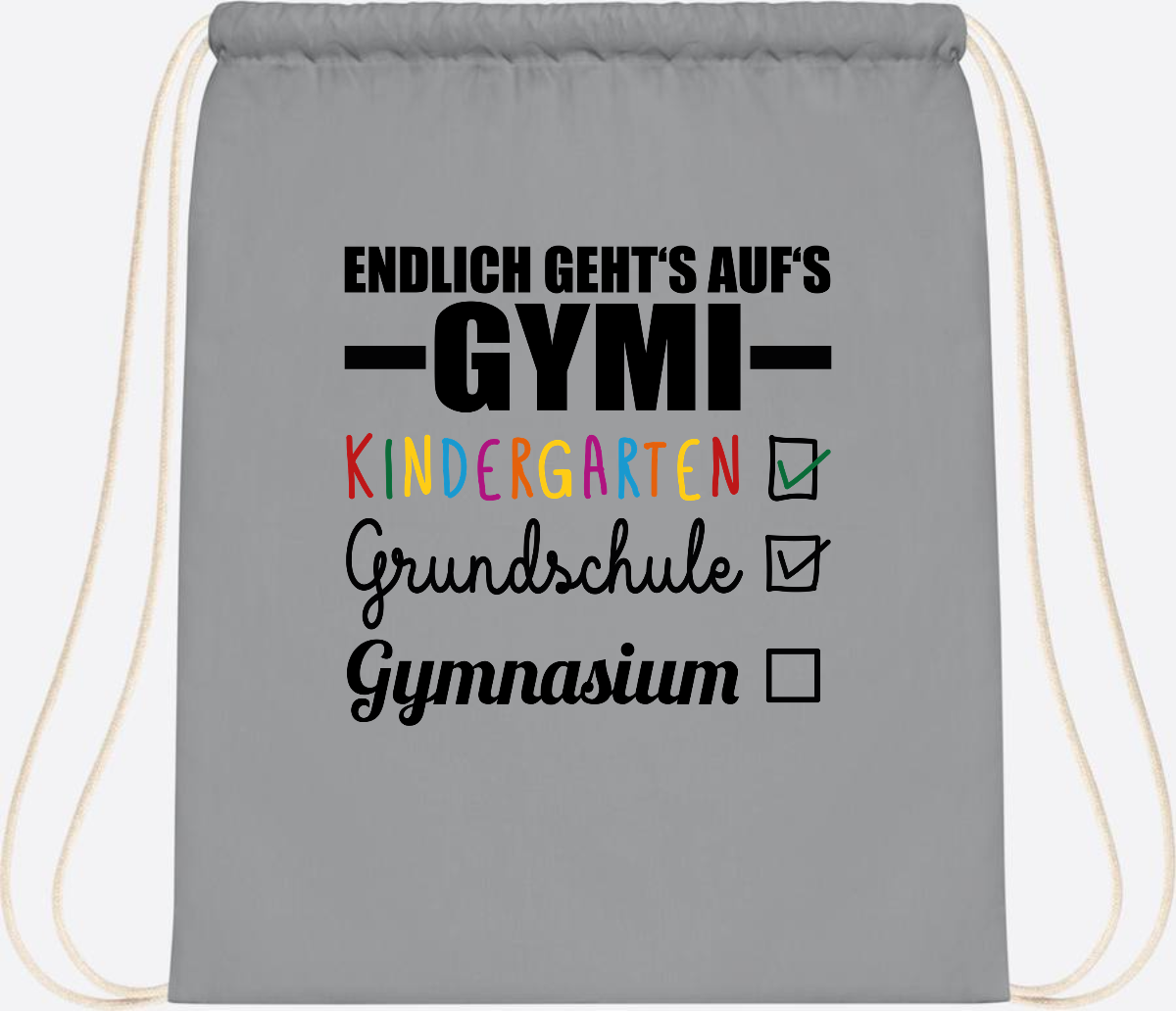 Turnbeutel Endlich auf's Gymi – schwarzbunt mit Name - Light Grey