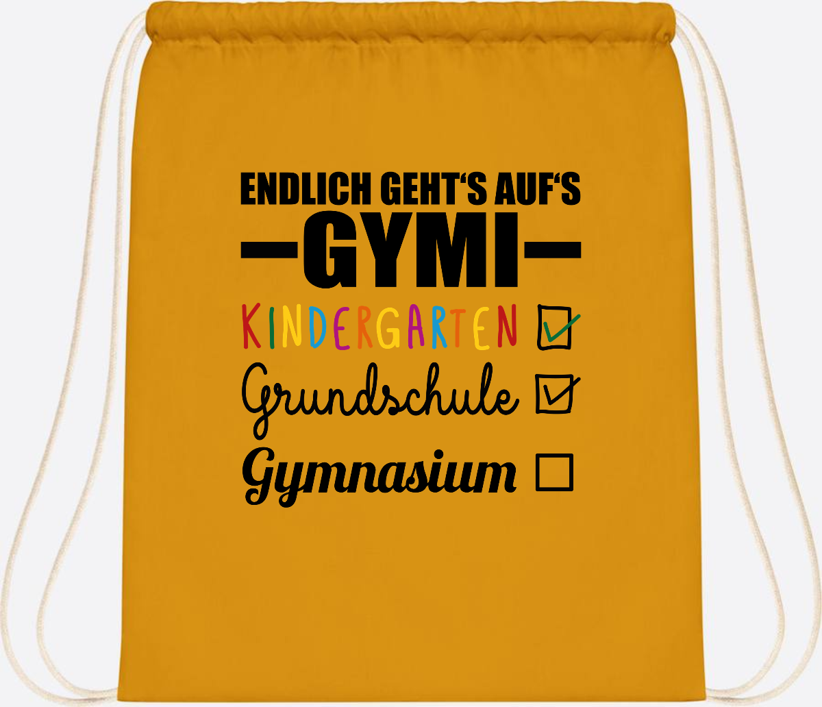 Turnbeutel Endlich auf's Gymi – schwarzbunt mit Name - Mustard