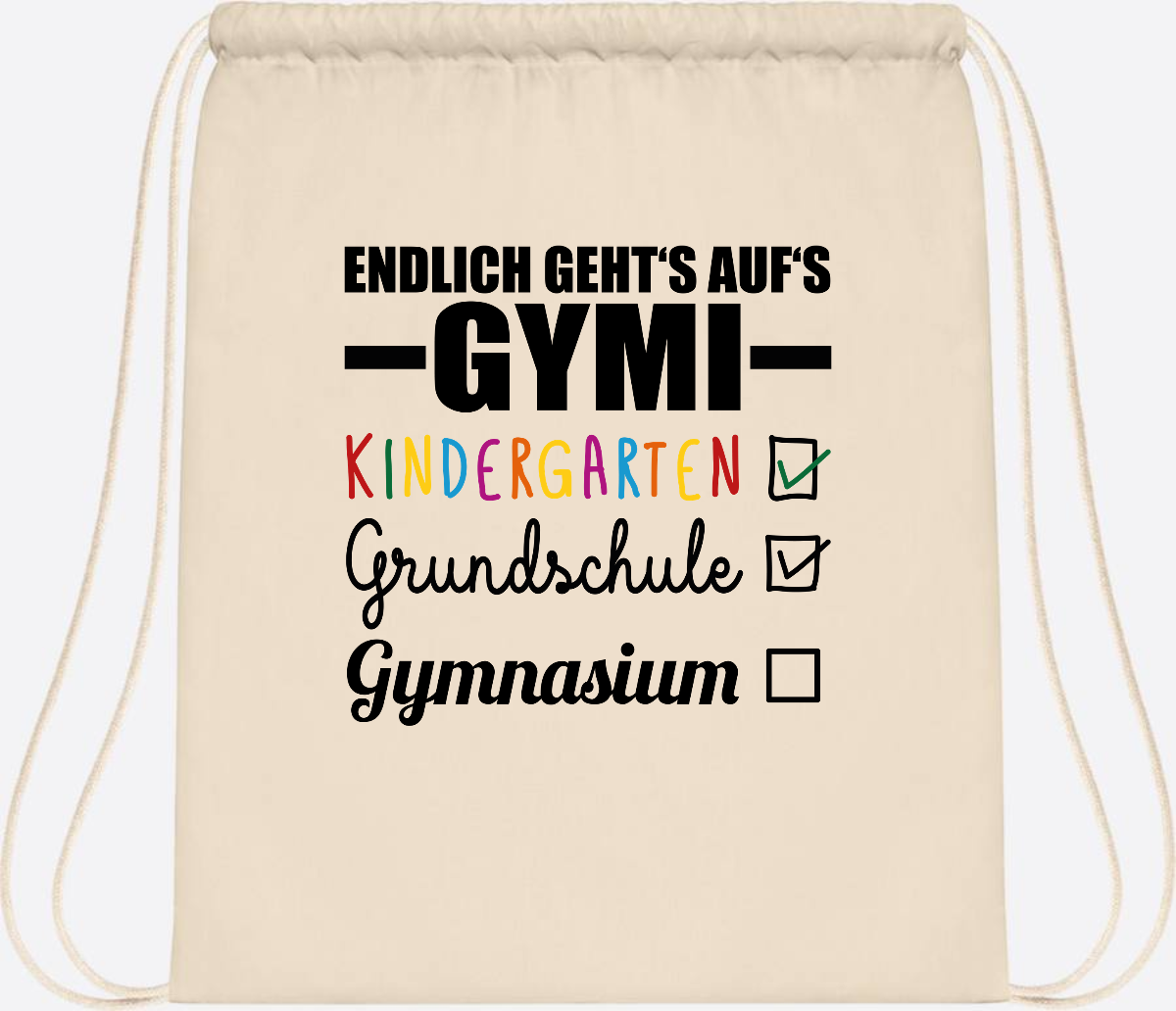 Turnbeutel Endlich auf's Gymi – schwarzbunt mit Name - Natural