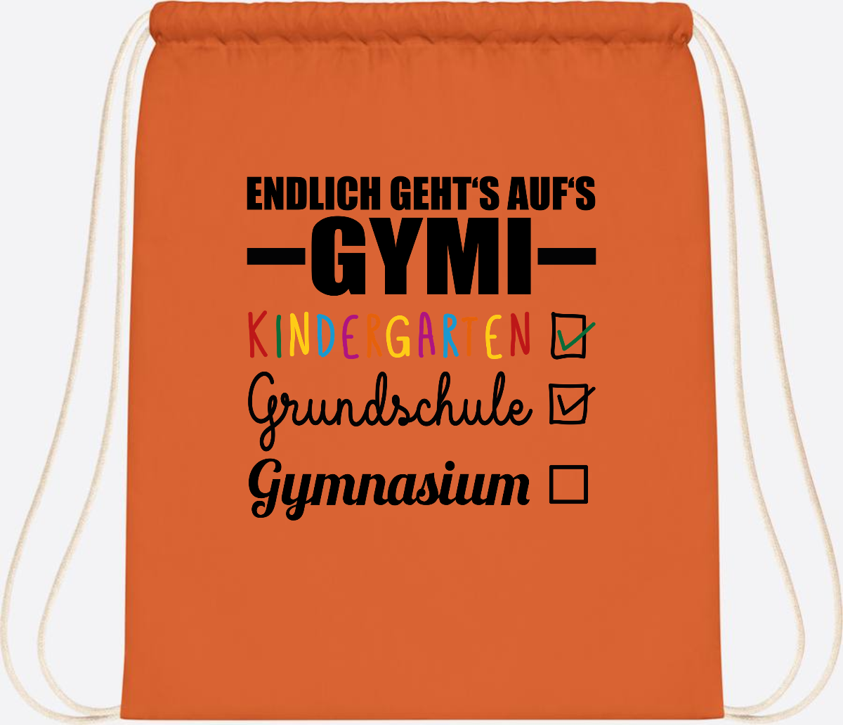 Turnbeutel Endlich auf's Gymi – schwarzbunt mit Name - Orange