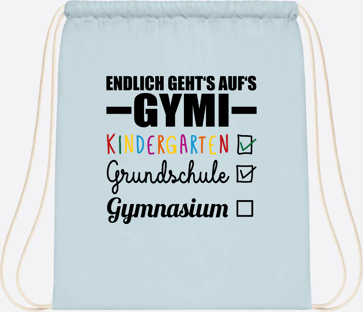 Turnbeutel Endlich auf's Gymi – schwarzbunt mit Name - Pastel Blue/White