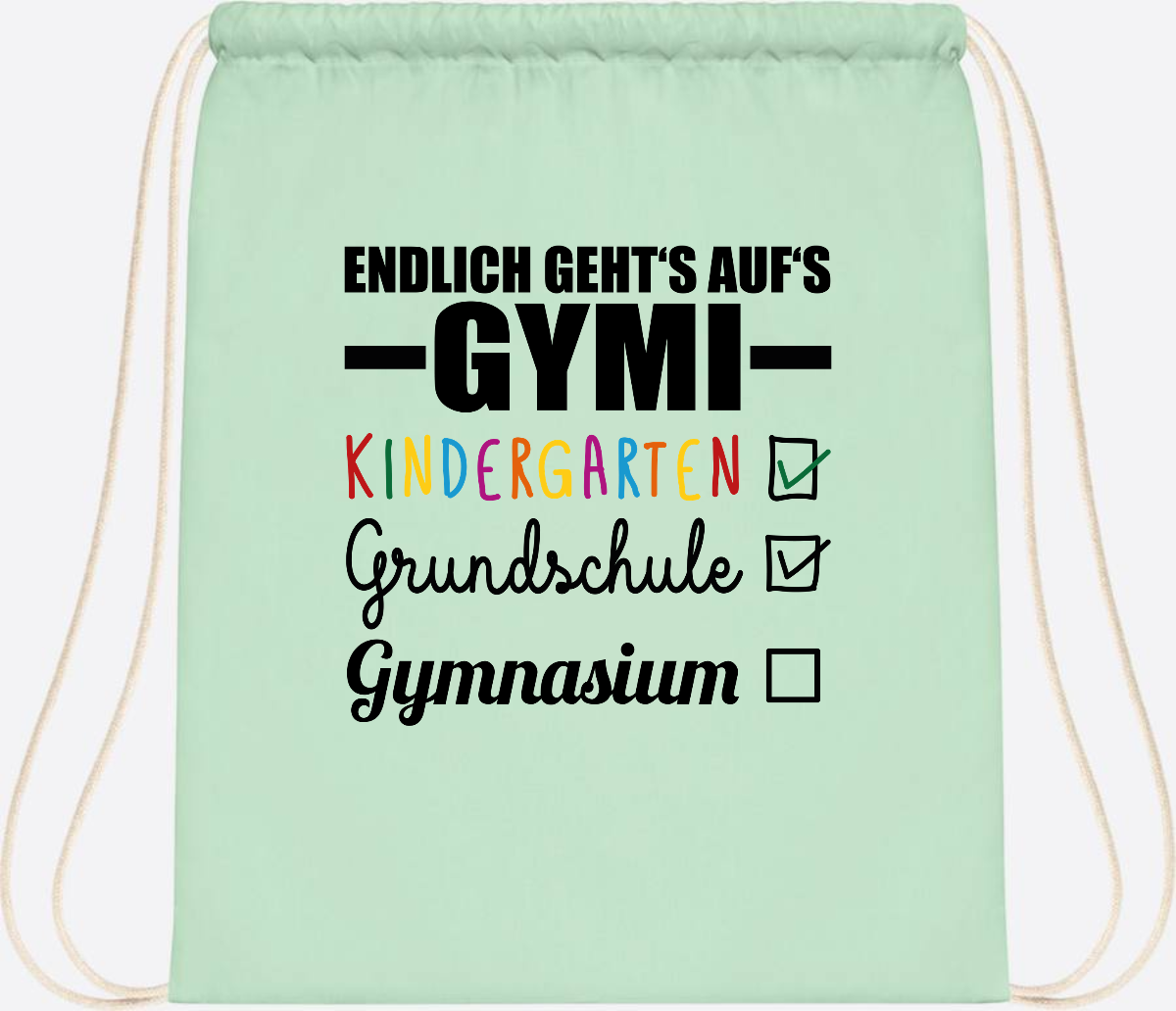 Turnbeutel Endlich auf's Gymi – schwarzbunt mit Name - Pastel Mint/White