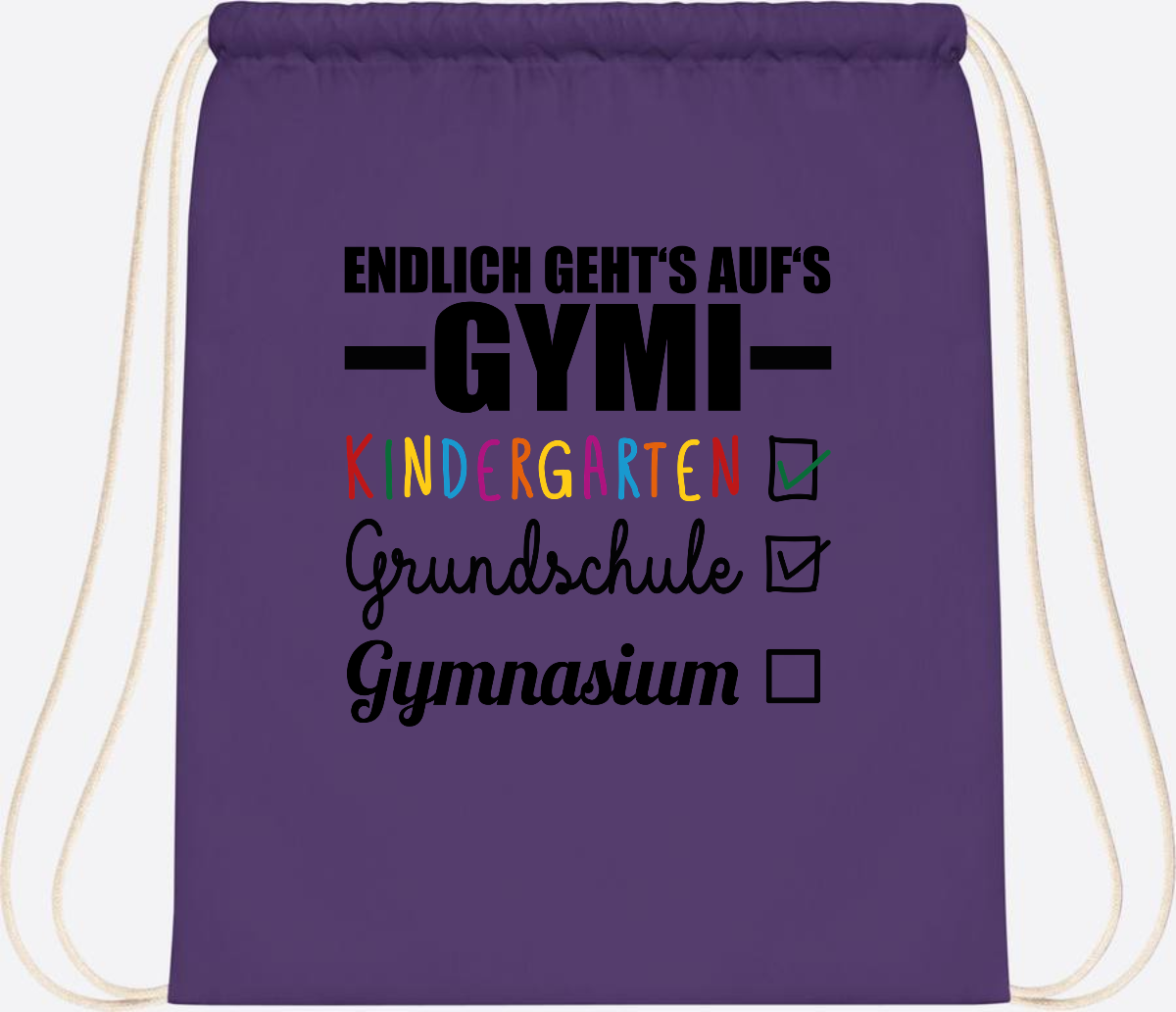 Turnbeutel Endlich auf's Gymi – schwarzbunt mit Name - Purple