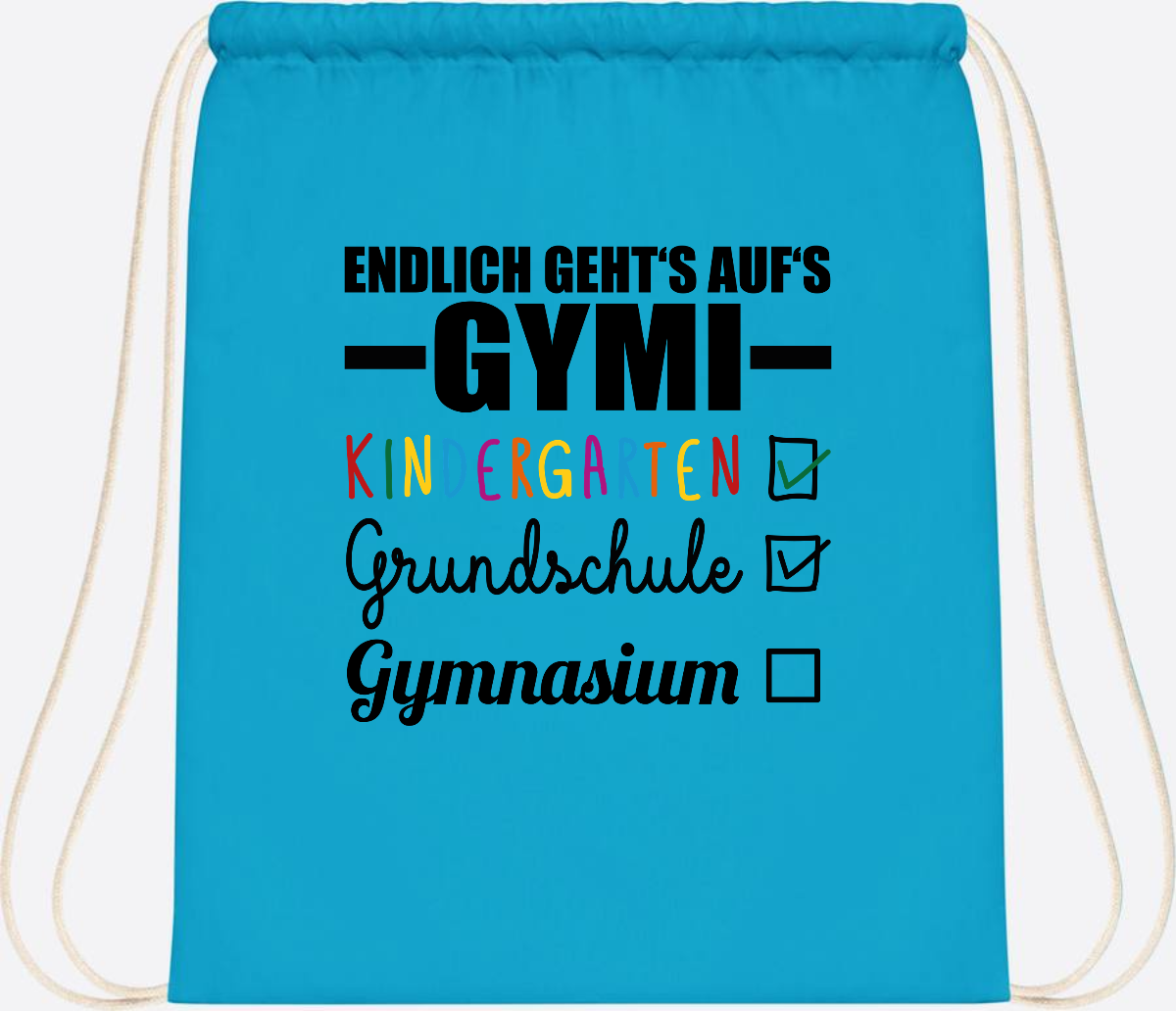 Turnbeutel Endlich auf's Gymi – schwarzbunt mit Name - Surf Blue