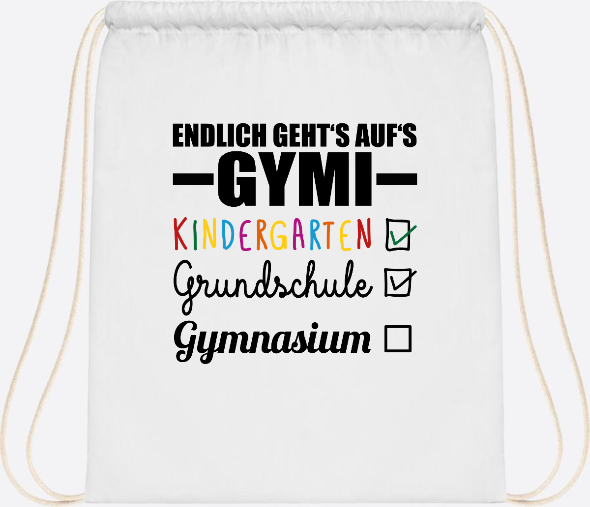 Turnbeutel Endlich auf's Gymi – schwarzbunt mit Name - White