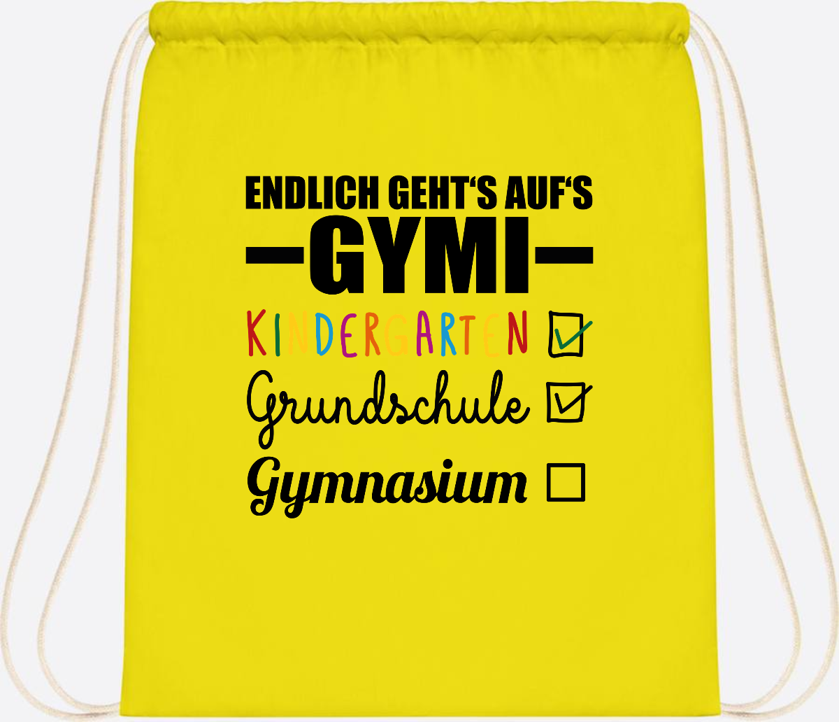 Turnbeutel Endlich auf's Gymi – schwarzbunt mit Name - Yellow