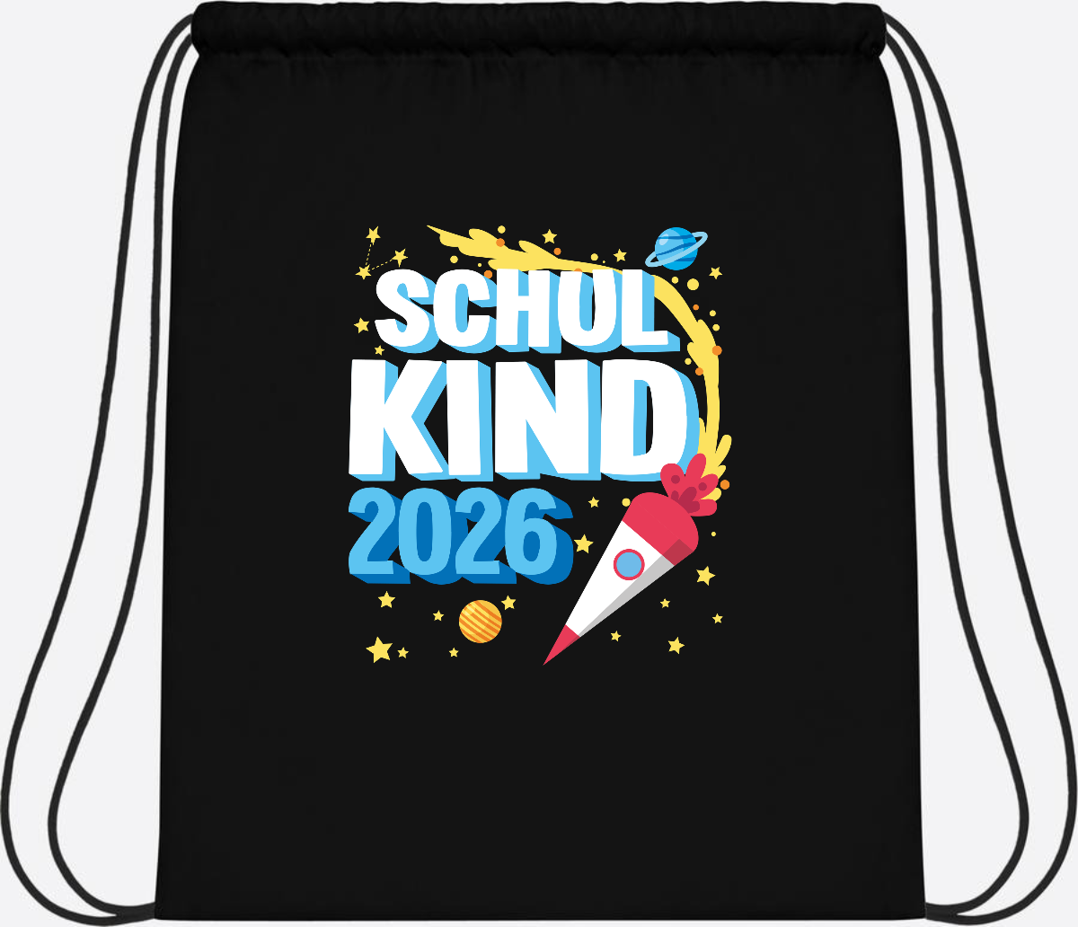 Turnbeutel Endlich Schulkind 2025 Rakete personalisiert - Black/Black