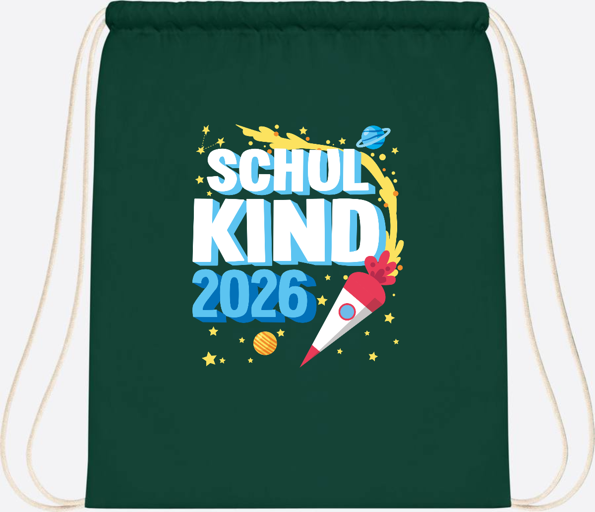 Turnbeutel Endlich Schulkind 2025 Rakete personalisiert - Bottle Green