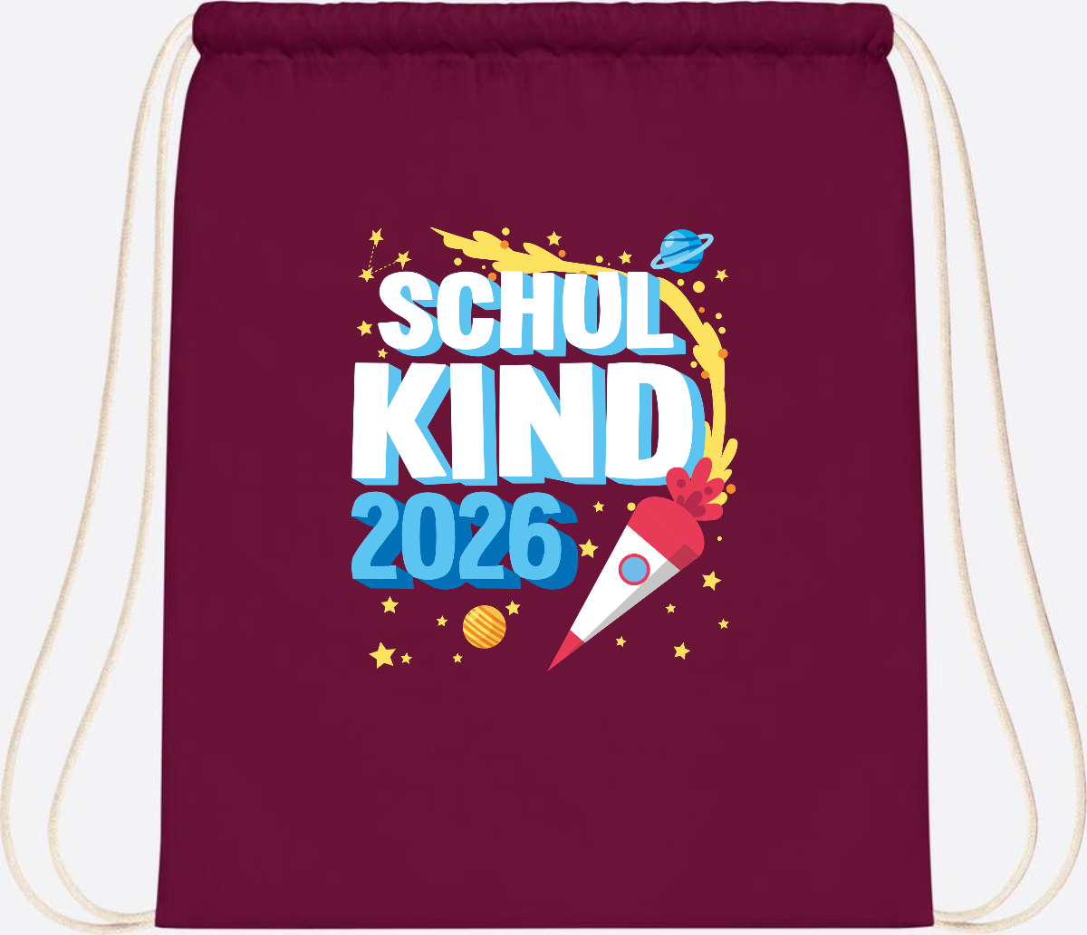 Turnbeutel Endlich Schulkind 2025 Rakete personalisiert - Burgundy