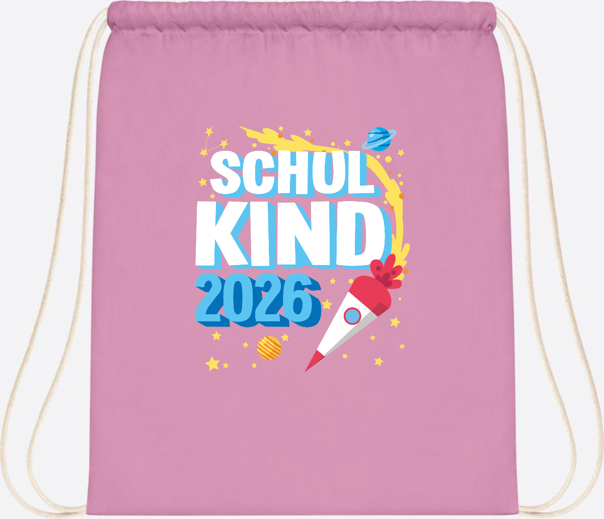 Turnbeutel Endlich Schulkind 2025 Rakete personalisiert - Classic Pink/White