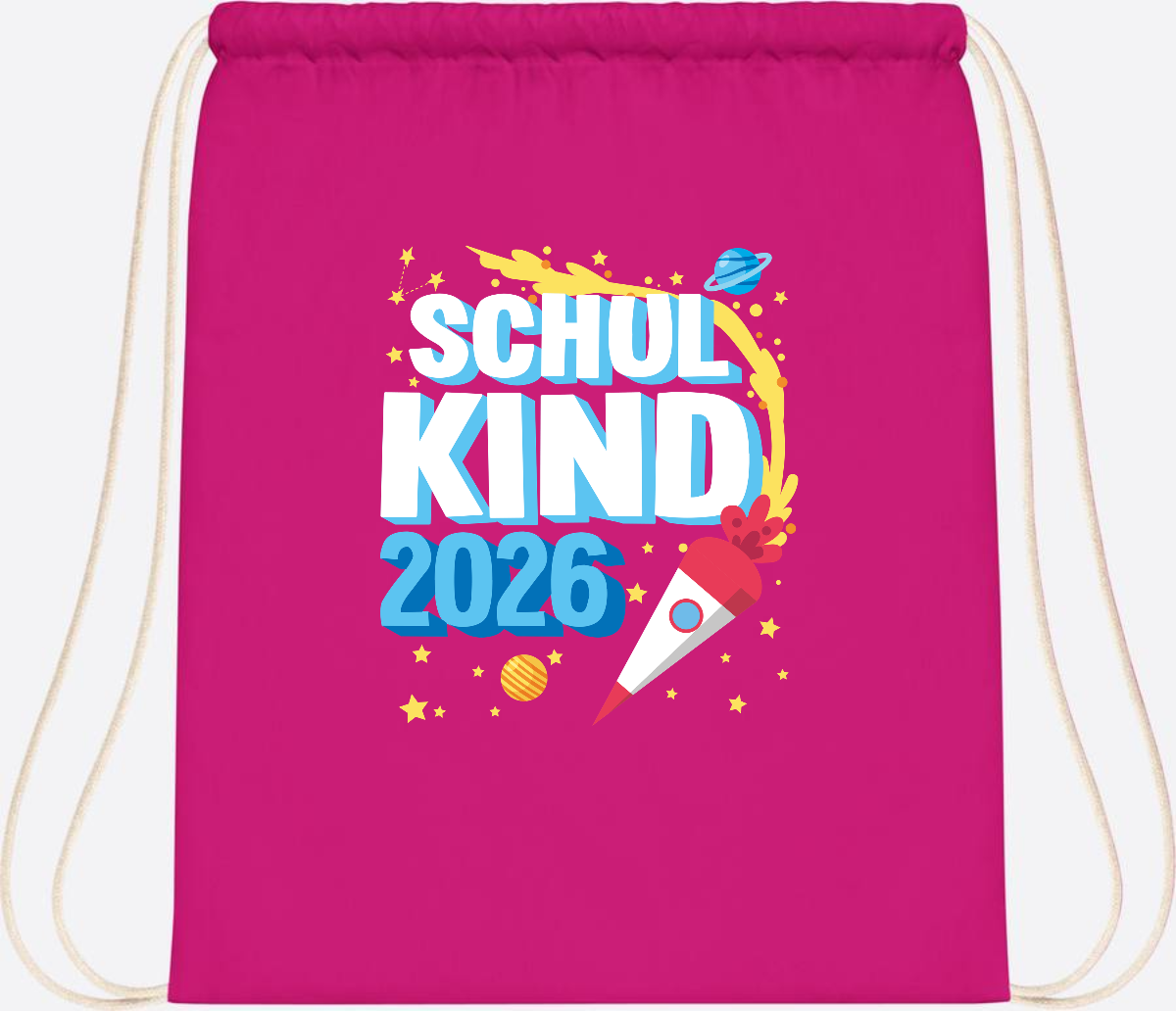 Turnbeutel Endlich Schulkind 2025 Rakete personalisiert - Fuchsia