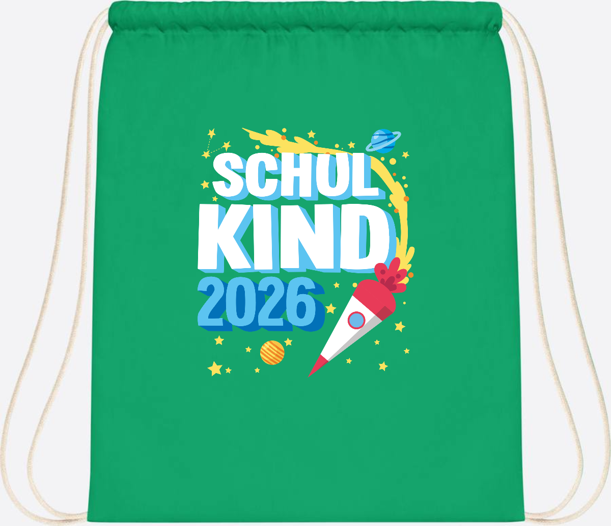 Turnbeutel Endlich Schulkind 2025 Rakete personalisiert - Kelly Green