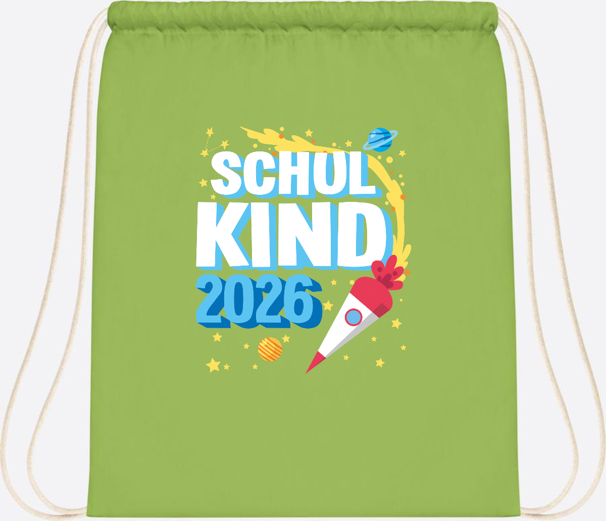 Turnbeutel Endlich Schulkind 2025 Rakete personalisiert - Lime Green