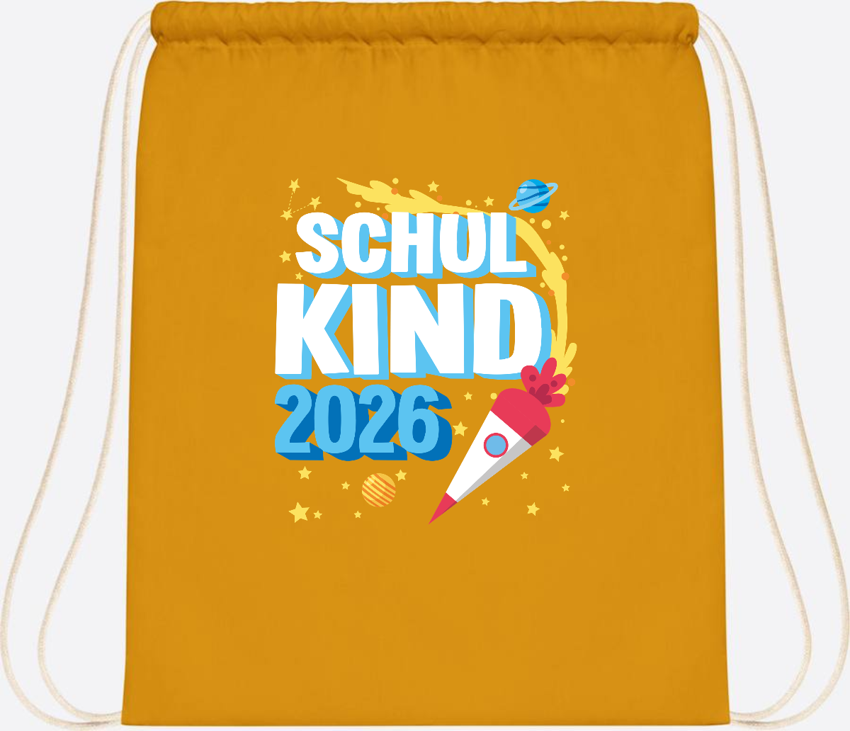Turnbeutel Endlich Schulkind 2025 Rakete personalisiert - Mustard